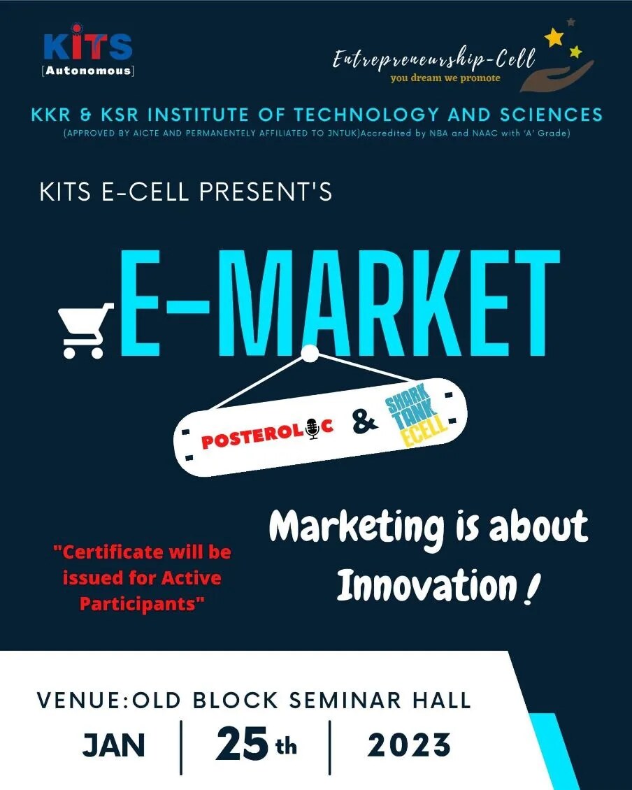 KITS E-Cell E-Market event poster featuring poster creation and Shark Tank activities